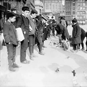 TOY PEDDLER, c1903. A street peddler demonstrating wind-up toys in New York City