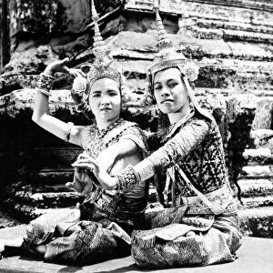 Traditional dancers at the temple of Angkor Wat, Cambodia. Photographed c1960
