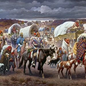 THE TRAIL OF TEARS, 1838. The removal of the Cherokee Native Americans to the West in 1838. Oil on canvas, 1942, by Robert Lindneux