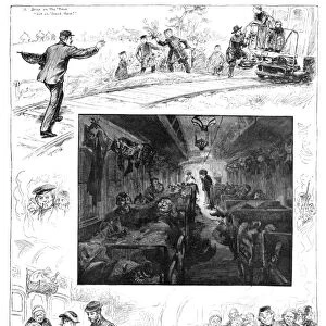 TRAIN TRAVEL, 1883. Westward Bound - Scenes on an Immigrant Train. Engraving and drawing by W