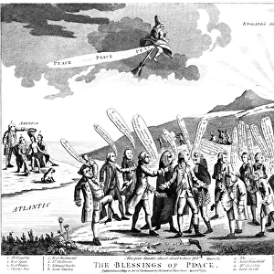 TREATY OF PARIS, 1783. The Blessings of Peace. Englands Sun Setting. At left Benjamin Franklin is crowning the young republic, who is seated with allies, the kings of Spain and France. By contrast King George III, surrounded by lords, is at a loss of what to do. Contemporary English cartoon