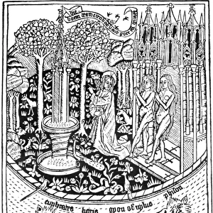 The Trees of Life and Knowledge in the Garden of Eden. Woodcut from Gerard Leeus Boek van den Leven ons Heeren, Antwerp, Belgium, 1487