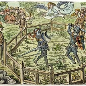 TRIAL BY COMBAT. A medieval trial by combat. Miniature from a 15th century manuscript
