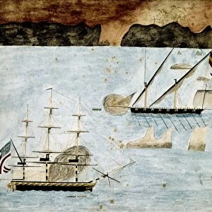TRIPOLITAN WAR, 1804. An American frigate battling a Barbary vessel during off