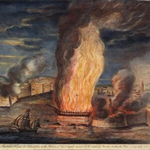 TRIPOLITAN WAR, 1804. The burning of the captured American frigate Philadelphia by Commodore Stephen Decatur and his crew in Tripoli harbor on the night of 16 February 1804. Color Italian engraving, 1805