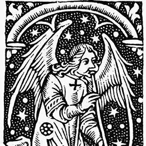 TRUMPETING ANGEL, 1498. Woodcut from Heures a l Usage de Rome, Paris, France, 1498