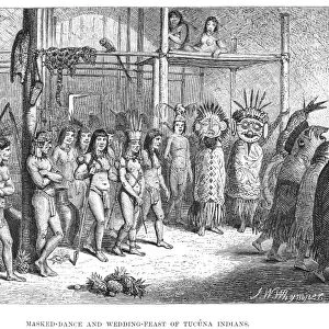 TUCUNA INDIANS, 1863. Masked-dance and wedding-feast of Tucuna Indians. Wood engraving from The Naturalist on the River Amazons, 1863, by Henry Walter Bates