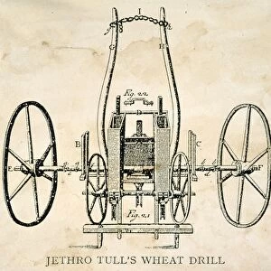 TULL: SEED DRILL, 1701. Wheat seed drill invented, c1701, by Jethro Tull (1674-1741). Line engraving, 18th century