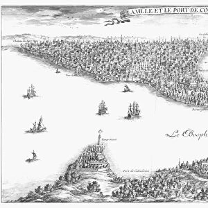 TURKEY: ISTANBUL, 1680. Panoramic view of Istanbul with the Strait of Bosphorus in the foreground and the Golden Horn dividing the city. Line engraving from Relation nouvelle d un voyage a Constantinople by Guillaume Jospeh Grelot, Paris, 1680