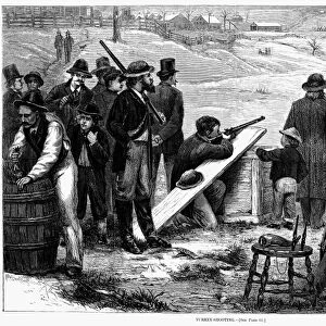 TURKEY SHOOT, 1874. A turkey shoot in the countryside. Wood engraving, American, 1874
