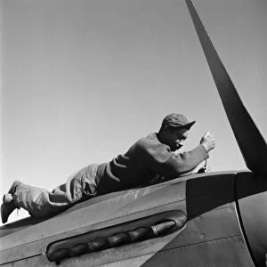 TUSKEGEE AIRMAN, 1945. Crew chief Marcellus Smith of the Tuskegee Airmen 100th Fighting Squadron, working on an airplane at Ramitelli Airfield in Italy. Photograph by Toni Frissell, March 1945