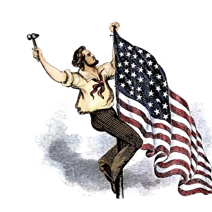 U. S. FLAG, 19th CENTURY. Raising the United States flag: wood engraving