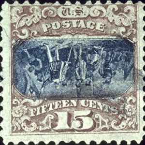 U. S. POSTAGE STAMP, 1869. 15 cent postage stamp with inverted center of Landing of Columbus