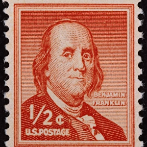 U. S. STAMP: FRANKLIN. American printer, publisher, scientist, inventor, statesman and diplomat. Franklin on a half-penny U. S. postage stamp of 1954