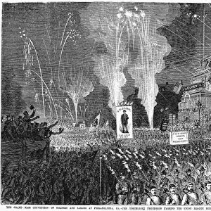 Ulysses S. Grant election rally at Philadelphia, Pennsylvania, 2 October 1868. Line engraving from a contemporary American newspaper