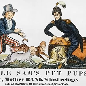 UNCLE SAM: CARTOON, 1840. Uncle Sams Pet Pups! One of the earliest cartoon appearances (1840) of Uncle Sam and showing him chasing Andrew Jackson and Martin Van Buren into the hard cider barrel held by presidential candidate W. H. Harrison