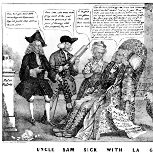 Uncle Sam Sick with La Grippe : American lithograph cartoon, 1837, depicting Democratic leaders Andrew Jackson, Thomas Hart Benton, and Martin Van Buren as quacks attending an ailing Uncle Sam; through the window, Brother Jonathan is seen happily receiving a new doctor, Nicholas Biddle, president of the Bank of the United States