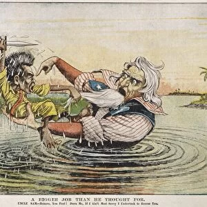 Uncle Sam sinks into the quagmire of Philippine insurgency, personified by Emilio Aguinaldo, who resists being rescued. Cartoon from an American newspaper of April 1899