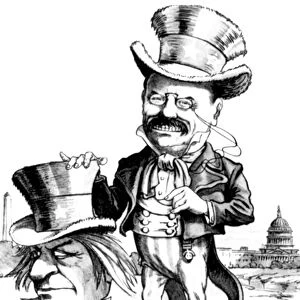 Uncle Sam Unmasked: American cartoon, c1905, showing President Roosevelt as the man behind the Uncle Sam mask