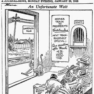 An unfortunate wait. Cartoon depiction of the wait for President-elect Franklin Delano Roosevelt to replace the lame duck Herbert Hoover. Drawing, January 1933