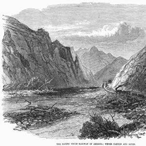 UNION PACIFIC, 1869. A Union Pacific Railroad train approaching a tunnel in Weber Canyon, Utah. Wood engraving, English, 1869