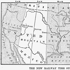 UNITED STATES TIME ZONES. An 1883 map of the United States showing the standard