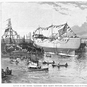 USS BALTIMORE, 1888. The launching of the American cruiser USS Baltimore at Philadelphia, 1888. Wood engraving from a contemporary American newspaper