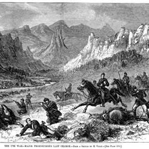 UTE WAR, 1879. U. S. infantry and cavalry under the command of Major Thomas Tipton Thornburgh engaged in battle with Ute Native Americans in the Utah Territory, 1879. Contemporary American wood engraving