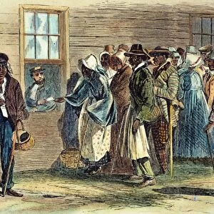 VA: FREEDMENs BUREAU 1866. Issuing rations to the old and sick at the Freedmens Bureau at Richmond, Virginia: colored engraving, 1866