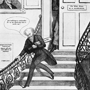 VAN BUREN CARTOON, 1841. Notice to Quit : contemporary American lithograph cartoon by Edward Williams Clay featuring Jack Downing, symbol for the American people, who locks the door to the White House as Martin Van Buren exits, on the occasion of the inauguration of Van Burens successor, William Henry Harrison (in window at left), 4 March 1841