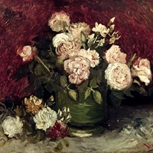 VAN GOGH: ROSES, 1886. Roses in a green vase. Canvas, autumn 1886, by Vincent Van Gogh