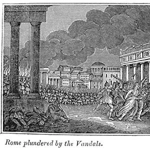 VANDAL INVASION OF ROME. Rome plundered by the vandals, 455 A. D. Wood engraving, American, c1839