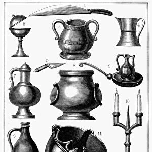 Various kitchen and table utensils from the Middle Ages. 19th century engraving