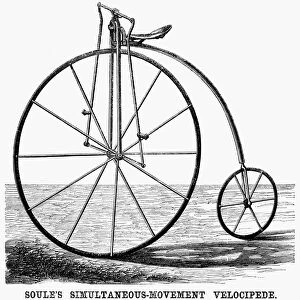 VELOCIPEDE, 1869. Soules simultaneous movement penny farthing velocipede. Wood engraving, American, 1869