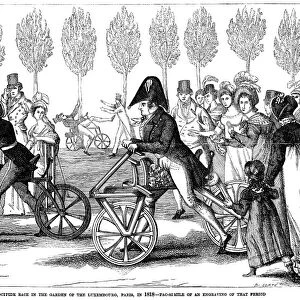 The velocipede course in the garden of the Luxembourg, Paris, France, in 1818. Wood engraving, French, 19th century