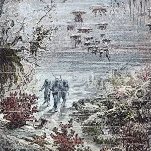 VERNE: 20, 000 LEAGUES, 1870. Captain Nemo and his crew taking a walk on the ocean floor: wood engraving after a drawing by Alphonse de Neuville from an 1870 edition of Twenty Thousand Leagues Under the Sea by Jules Verne