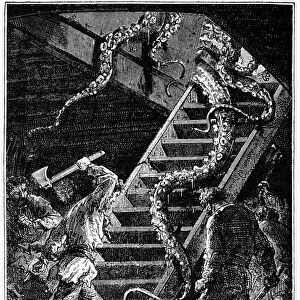 VERNE: 20, 000 LEAGUES. A giant octopus attacking the submarine vessel Nautilus. Wood engraving after a drawing by Alphonse de Neuville from an 1870 edition of Jules Vernes Twenty Thousand Leagues Under the Sea