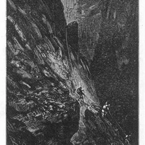 VERNE: JOURNEY. The Descent of the Crater. Wood engraving after a drawing by Edouard Riou from a 19th century edition of Jules Vernes Journey to the Center of the Earth