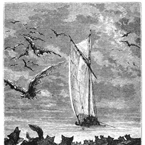 VERNE: AROUND THE WORLD. And sometimes a pack of prairie wolves. Wood engraving after a drawing by Leon Benett from the 1873 edition of Around the World in 80 Days, by Jules Verne