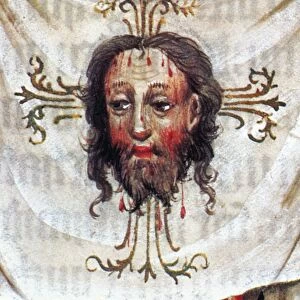 VERONICAs VEIL. Saint Veronicas cloth with the face of Jesus. Detail of an Ilumination from a 15th century German manuscript