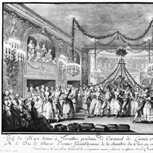 VERSAILLES: BALL, 1763. Carnival May ball at the Palace of Versailles, France, 1763. Contemporary engraving by Martinet