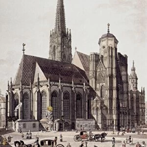 VIENNA: CATHEDRAL, 1780. St. Stephens Cathedral in Vienna, Austria. Austrian etching / watercolor