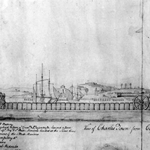 View of Charlestown Peninsula and Bunker Hill across the Charles River from Copse Hill Battery, Boston. English or loyalist drawing, 25 November 1778