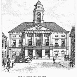 View of Federal Hall in New York City, site of George Washingtons presidential inauguration in 1789. Wood engraving, 19th century