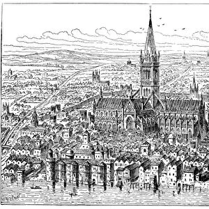 VIEW OF LONDON, 1540. Old St. Pauls Cathedral and the surrounding neighborhood as it appeared in 1540. Line engraving, late 19th century, after Anthony van Wyngaerdes view of London