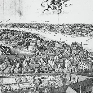 VIEW OF LONDON, 1647. Detail of Wenceslaus Hollars Long View of London, England from the Bankside, 1647, showing the Globe Theatre and the Bear Garden, the labels of which buildings are reversed