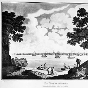 VIEW OF NEW YORK, 1801. View of New York City from Long Island. Aquatint, 1801