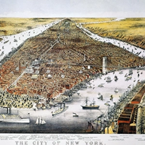 VIEW OF NEW YORK, 1876. Bird s-eye view of New York and parts of Brooklyn
