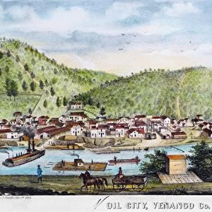 A view of Oil City, Pennsylvania, refining and shipping point of the early American petroleum industry: lithograph, 1864