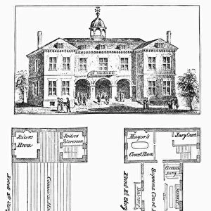 View and plan of the old City Hall of New York, c1700, located on Wall Street and containing courtrooms, a firehouse, and a debtors prison. Wood engraving, 19th century